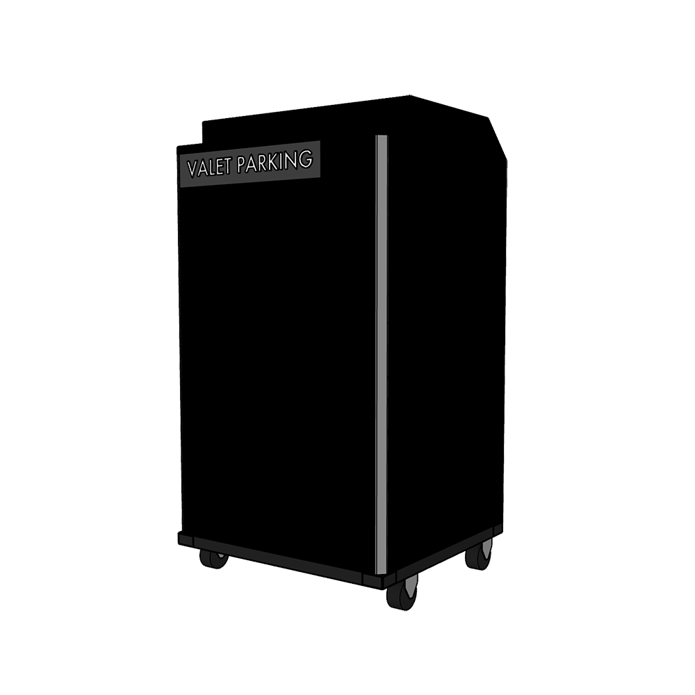 MUEBLE  VALET PARKING M2. PVC 18MM LAMINADO. BASE TUBULAR 2X1. RUEDAS. GAVETA Y PUERTA. MEDIDAS 60CM X 55CM X 110CM. 